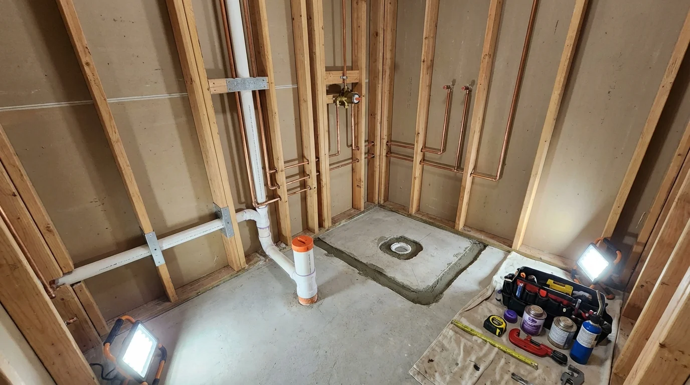 Bathroom rough-in plumbing during remodel by Johns Plumbing LLC in Pocahontas