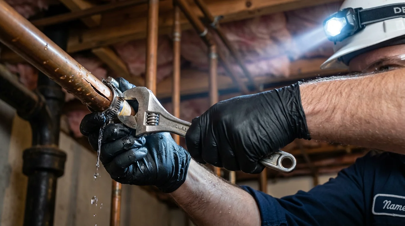 Emergency pipe clamp repair being performed by a Johns Plumbing LLC plumber in Pocahontas