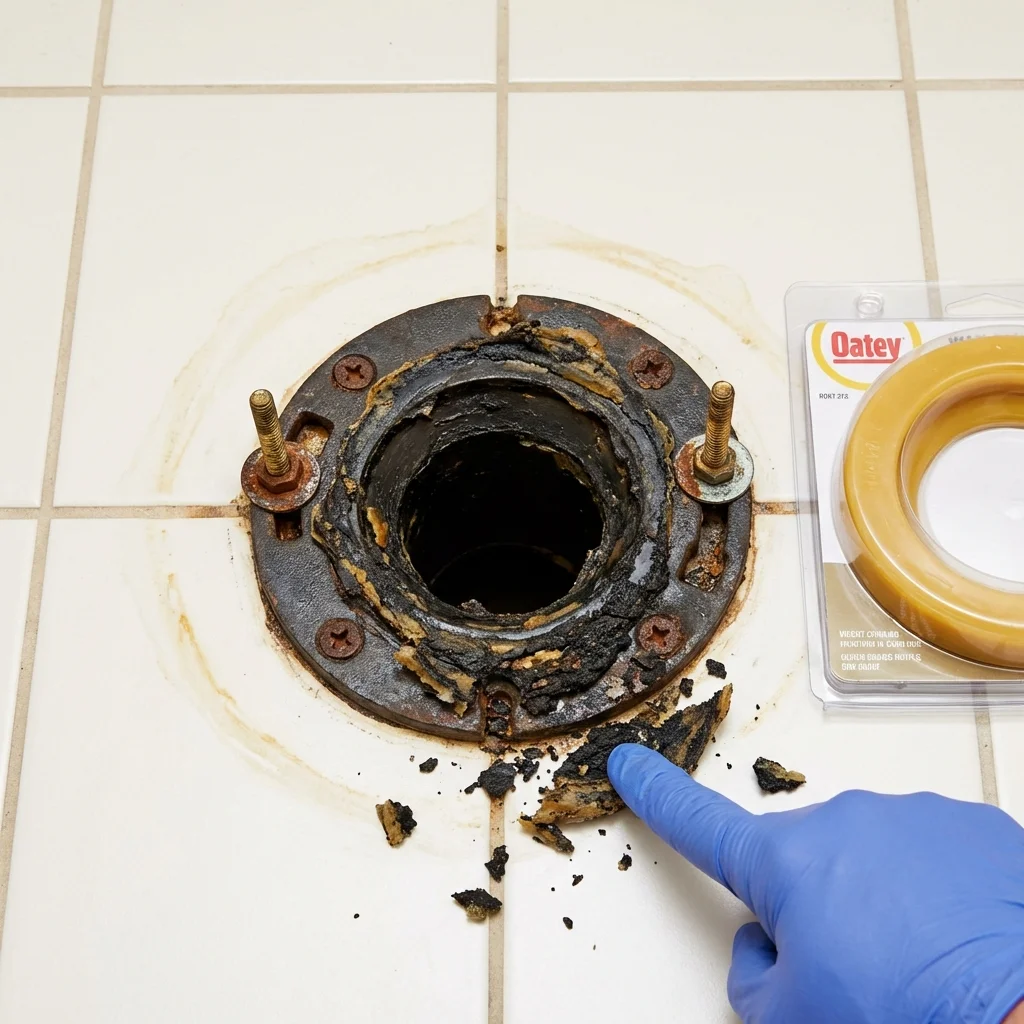 Failed wax ring showing water seepage at the base of a toilet in a Pocahontas, IA home
