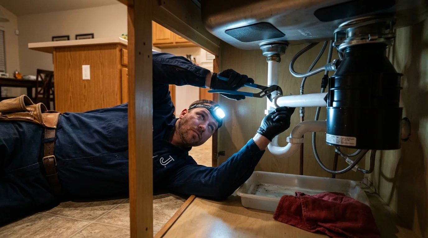 P-trap and supply line connections under a kitchen sink showing a common leak point in Pocahontas, IA